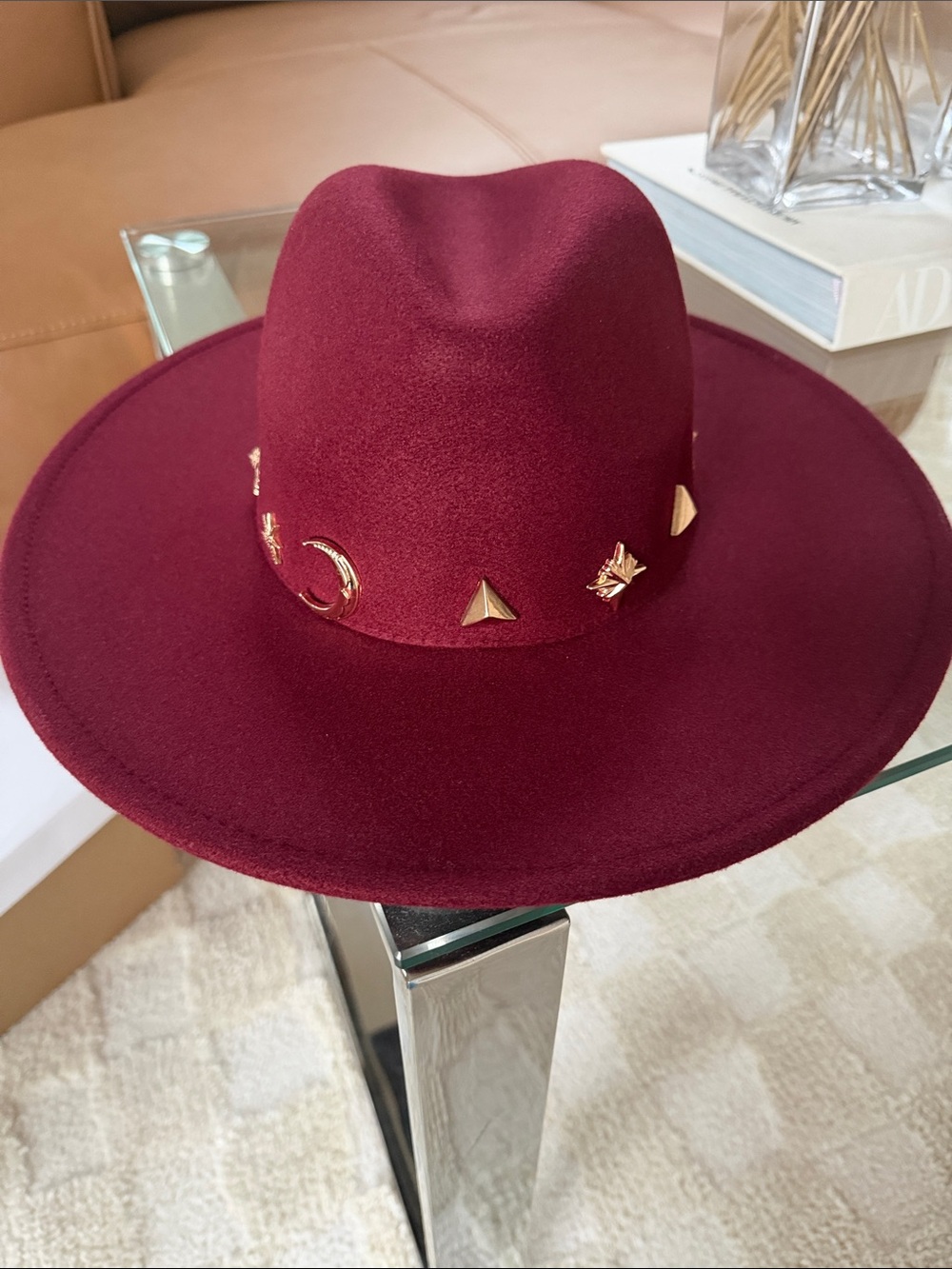 Anthropologie Wine Felt Wide-Brim Hat with Gold Studs